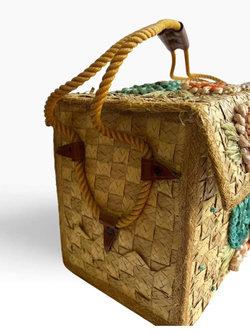 Vintage Woven Raffia Straw Floral Picnic Bag